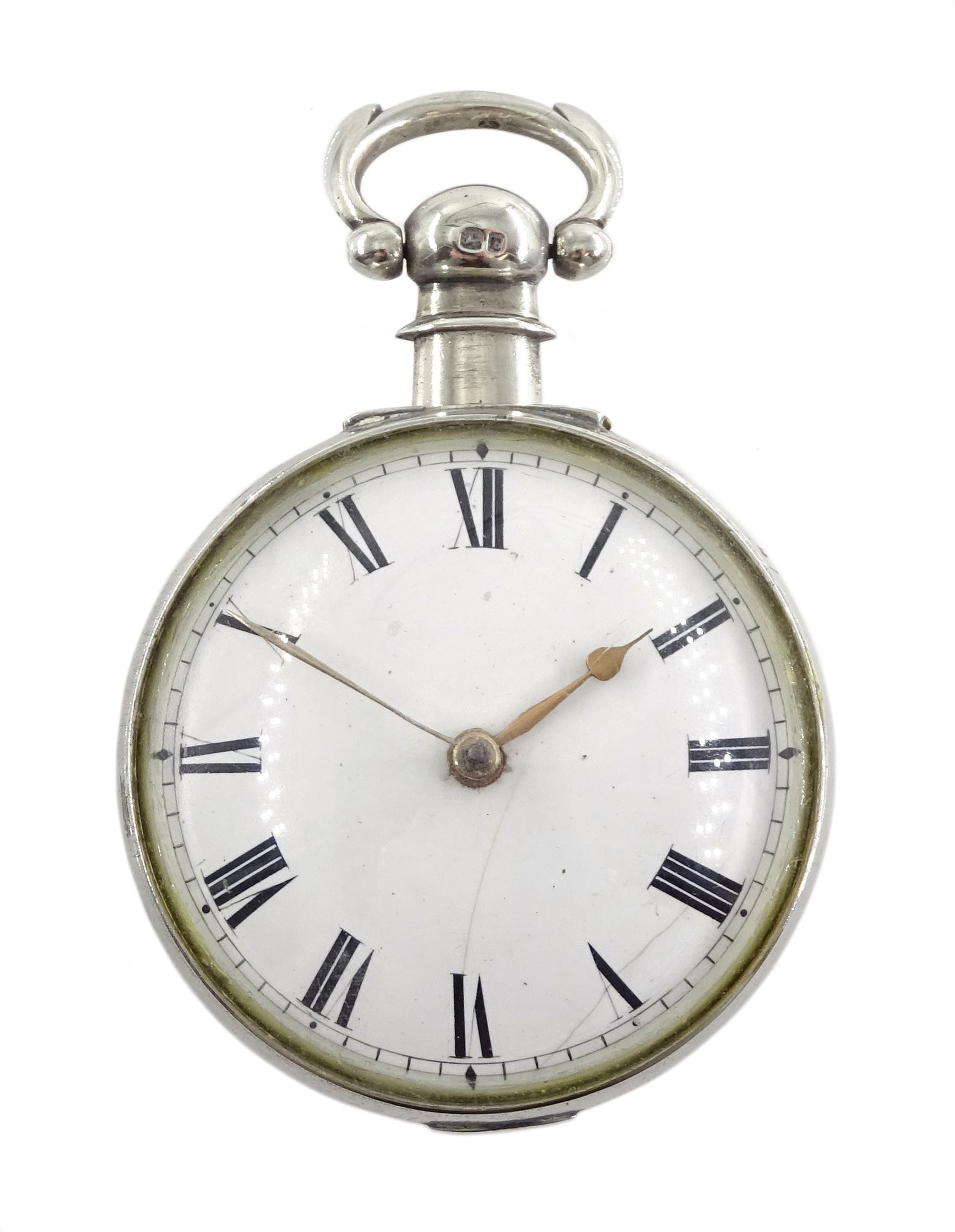 William IV silver pair cased verge fusee pocket watch by W. Gresham, Lincoln, No. 39087, round pillars, engraved and pierced balance cock, enamel dial with Roman numerals, case makers marks J.W, London 1832