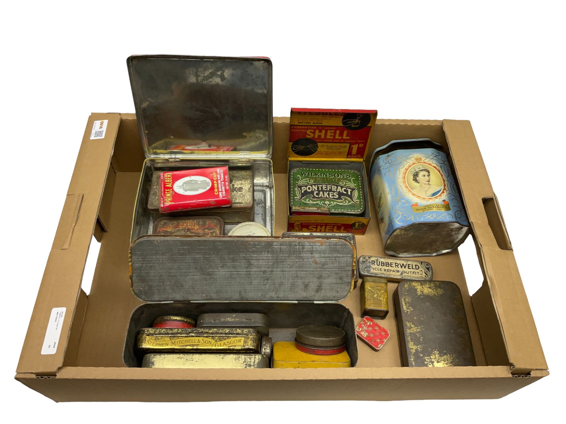 Large collection of vintage tins, to include 'Wilkinson's Pontefract cakes' Cadbury's Bournville', 'Tyesules Shell Spirit' 'Farrah's Harrogate Toffee' etc