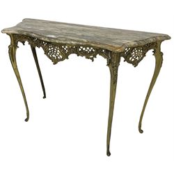 Louis XVI design serpentine front console table, shaped marble top over a cast brass base, the apron pierced and decorated with c-scrolls and foliate cartouche motifs, on cabriole supports with floral patterned knees