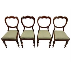 Set of eight Victorian mahogany dining chairs, wavy balloon backs, turned legs, drop in upholstered seats