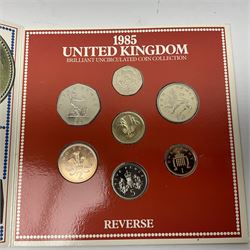 Fourteen Queen Elizabeth II United Kingdom uncirculated coin collections, dated 1983, 1984, two 1985, 1986, 1987, 1988, 1989, 1990, 1991, 1992 including dual dated 1992/1993 EEC fifty pence, 1994 and two 1995, all in card folders