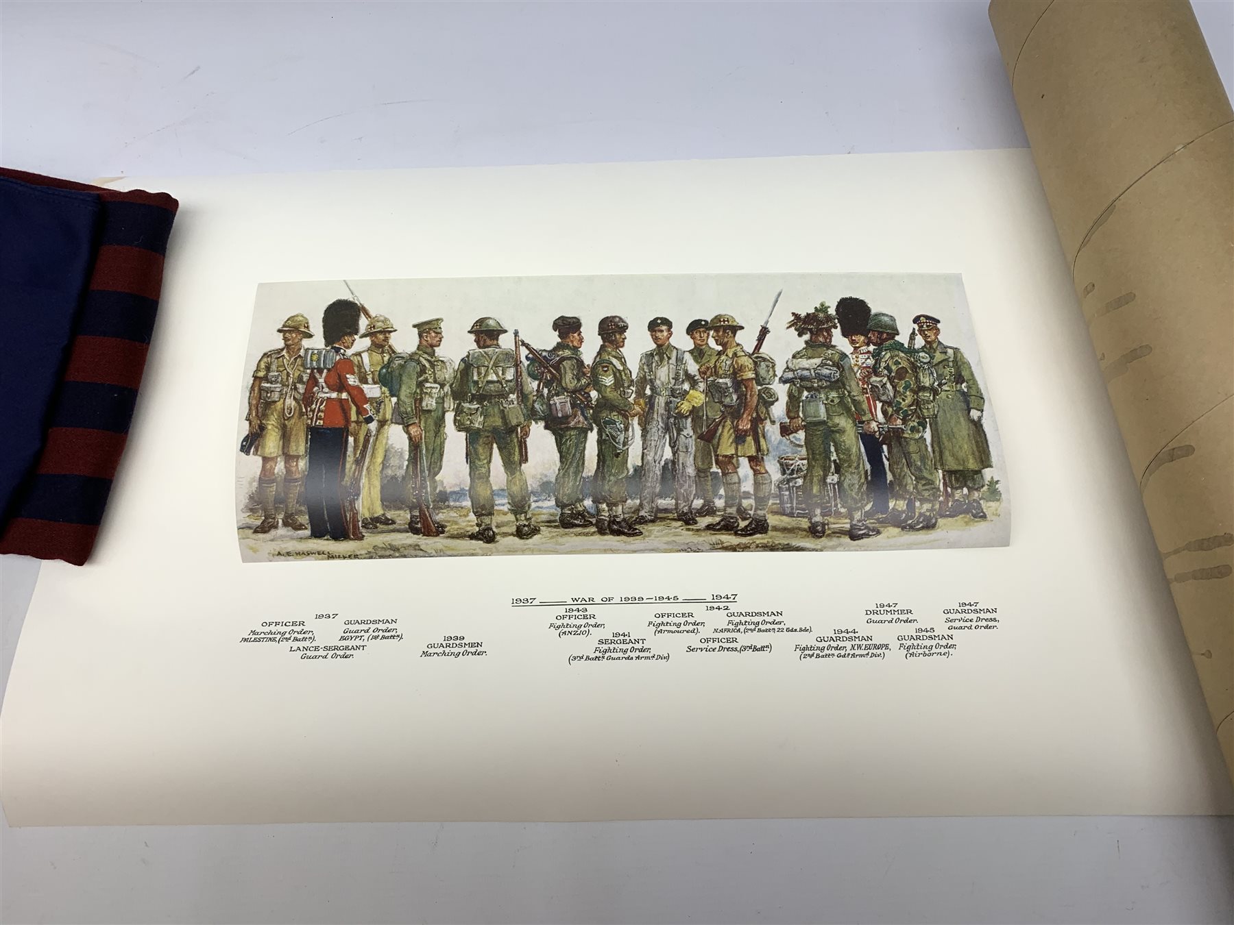 Scots Guards - set of five unframed annotated colour prints depicting the history of their uniform 1899 - 1958, each 20 x 36cm; together with regimental pullover, scarf, tie, shawl, double breasted blazer with Staybrite buttons and trousers
