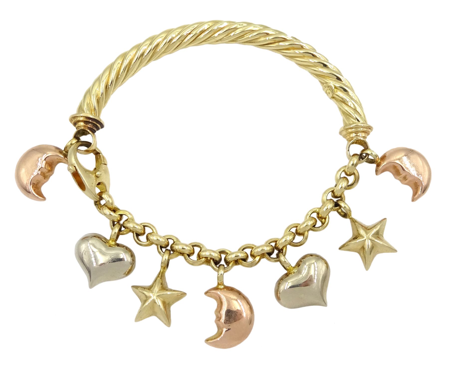 Atasay 14ct gold rope twist and belcher link bracelet, with yellow and pink gold moon, star and heart charms and spring loaded clasp, stamped 585
