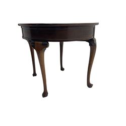 Early 20th century walnut demi-lune side table, fold-over top with hinged storage compartment, on cabriole supports with pointed pad feet, single gate-leg action base