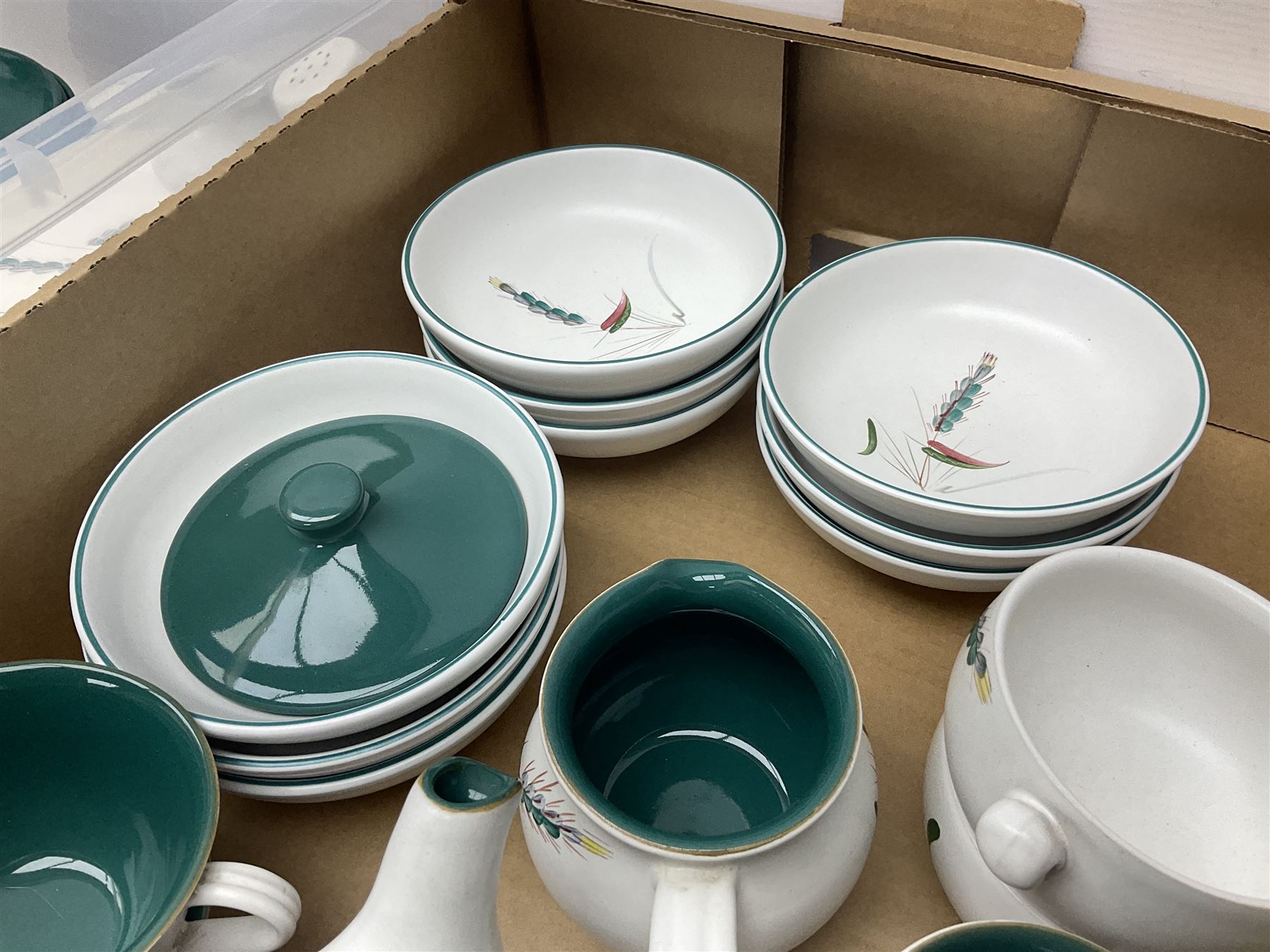Denby Green Wheat pattern part tea and dinner wares, including serving platters, teacups, teapot, side plates, etc, all with stamped mark beneath