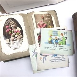  Victorian leather bound photograph album well stocked with predominantly portraits and family groups, early 20th century album containing over eighty greetings postcards and Tetley Brewery 1923 Centenary commemorative book with related ephemera in slip case (3)  