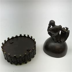 A 19th century bronze inkwell stand and cover, the gothic style base with central recess supporting a half spherical cover surmounted by a figure modelled as Napoleon with eagle, overall approximately H13cm. 