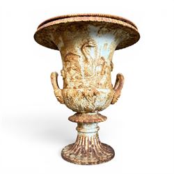 Andrew Handyside - pair of 19th century best quality cast iron garden urns, individually detailed in relief Allegorical Figures and Helaldic Swans, campagna form with twin handles, detail under rim, raised on circular fluted base