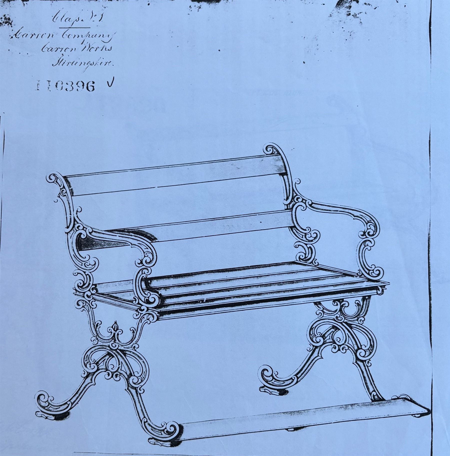 Carron Foundry - two pairs of 19th century cast iron garden bench ends, ornate detail with arms and X shaped legs,finish in black paint, the design no. 110396, first registered 13 July 1857 (see illustration), width as desired