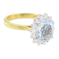 18ct white gold aquamarine and diamond cluster ring, single oval cut aquamarine of approx 2.30 carat, surrounded by fourteen round brilliant cut diamonds, London 2022, total diamond weight approx 0.45 carat