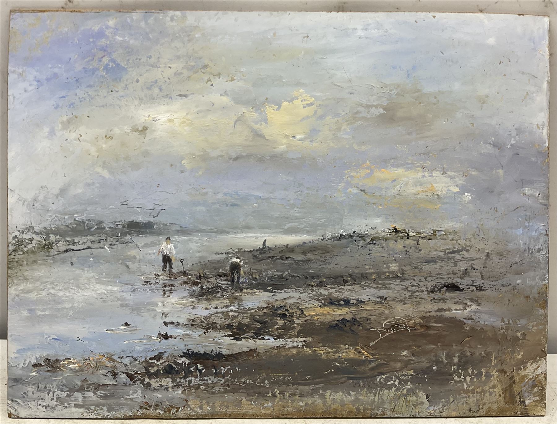 Ducat (British 20th century): 'Digging for Bait at Monkey's Island Blyth', oil on board signed, titled verso 30cm x 40cm (unframed)