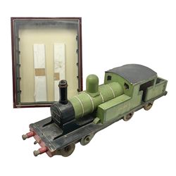 1960s scratch-built green, black and red painted wooden model of a 4-6-0 tank locomotive 'Andrew' No.7365 L88cm; and an unused wall mounting die-cast model display cabinet with glass door and shelves 52 x 40cm (2)