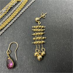 9ct gold jewellery including chains and earrings, 18ct gold stone set studs earrings, two silver bangles and a collection of costume jewellery