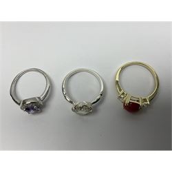 Six silver and silver-gilt stone set rings, including cubic zirconia and turquoise examples, all stamped 925