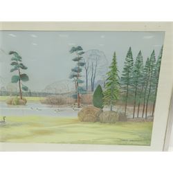 P Swayne (British 20th century): Geese in a River Landscape, oil on panel signed and dated 1970, 64cm x 144cm