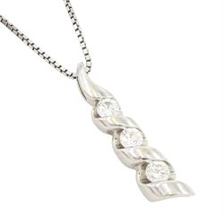 14ct white gold graduating three stone, round brilliant cut diamond pendant, on 10ct white gold box link chain necklace, both stamped, total diamond weight approx 0.65 carat