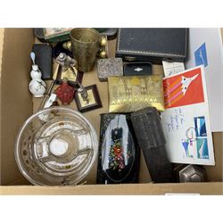 Quantity of silver plated metalware, to include ornate Shaw & Fisher teapot, silver-plate dish with Tower of London 1982 medallion to centre, cutlery, brass box and other brassware etc to include Weston Master III exposure meter, collectors teaspoons, Concorde ephemera etc in two boxes