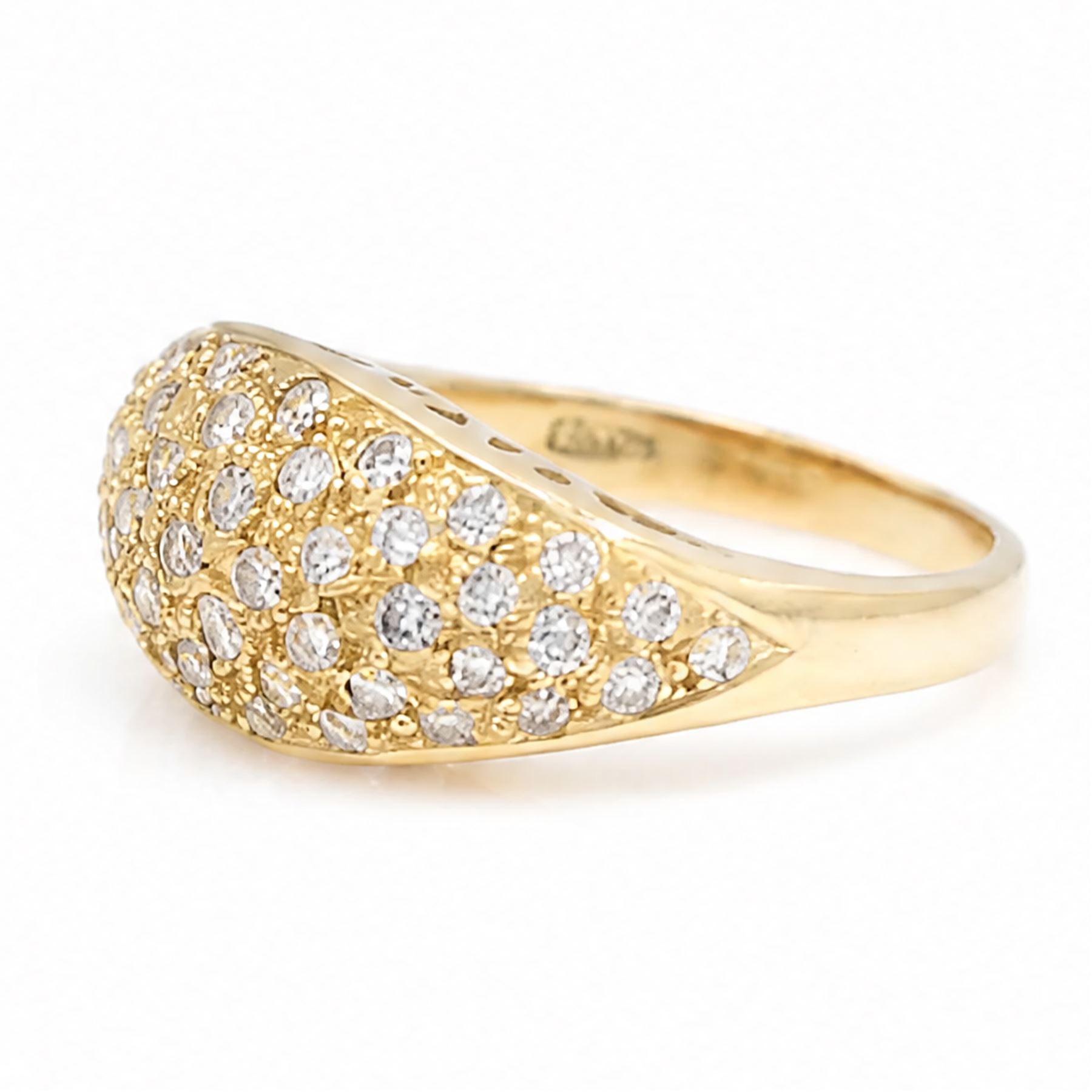 18ct gold diamond dome ring, pave set with round cut diamonds, London import mark 1989
