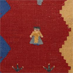 South West Persian Qashqai pictorial flatweave kilim, with central sinuous indigo river band dividing broad panels of madder red and camel yellow, red ground sparsely decorated with stylized animals, birds, and schematic shrubs, executed in bold geometric idiom, with fringe ends 