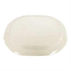 Pair of large 19th century blue and white platters, decorated in the Long Bridge pattern with pagodas, boats and figures, within a decorative border with scrolls, D39.5cm W52cm