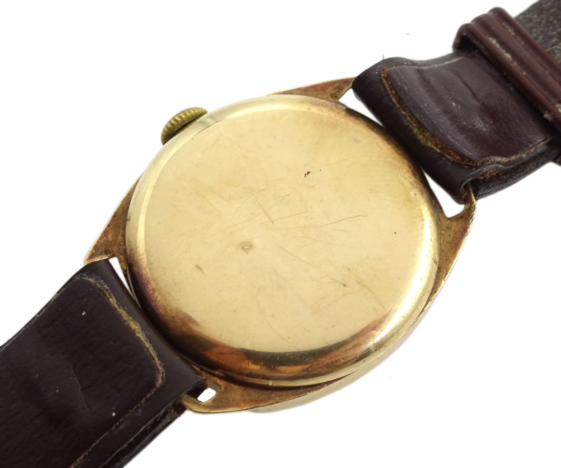 Rone Sportsmans 9ct gold manual wind wristwatch, Birmingham 1951, on brown leather strap