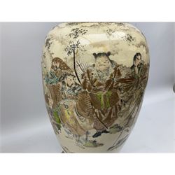 Pair early 20th Century Japanese floor vases of ovoid form, painted with warriors and elders within geometric designs and gilding, H61cm