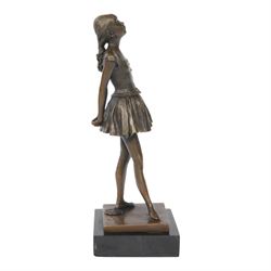 After Edgar Degas, Ballerina bronze figure modelled as a young female dancer, signed Deyas, raised upon a rectangular base, H20cm