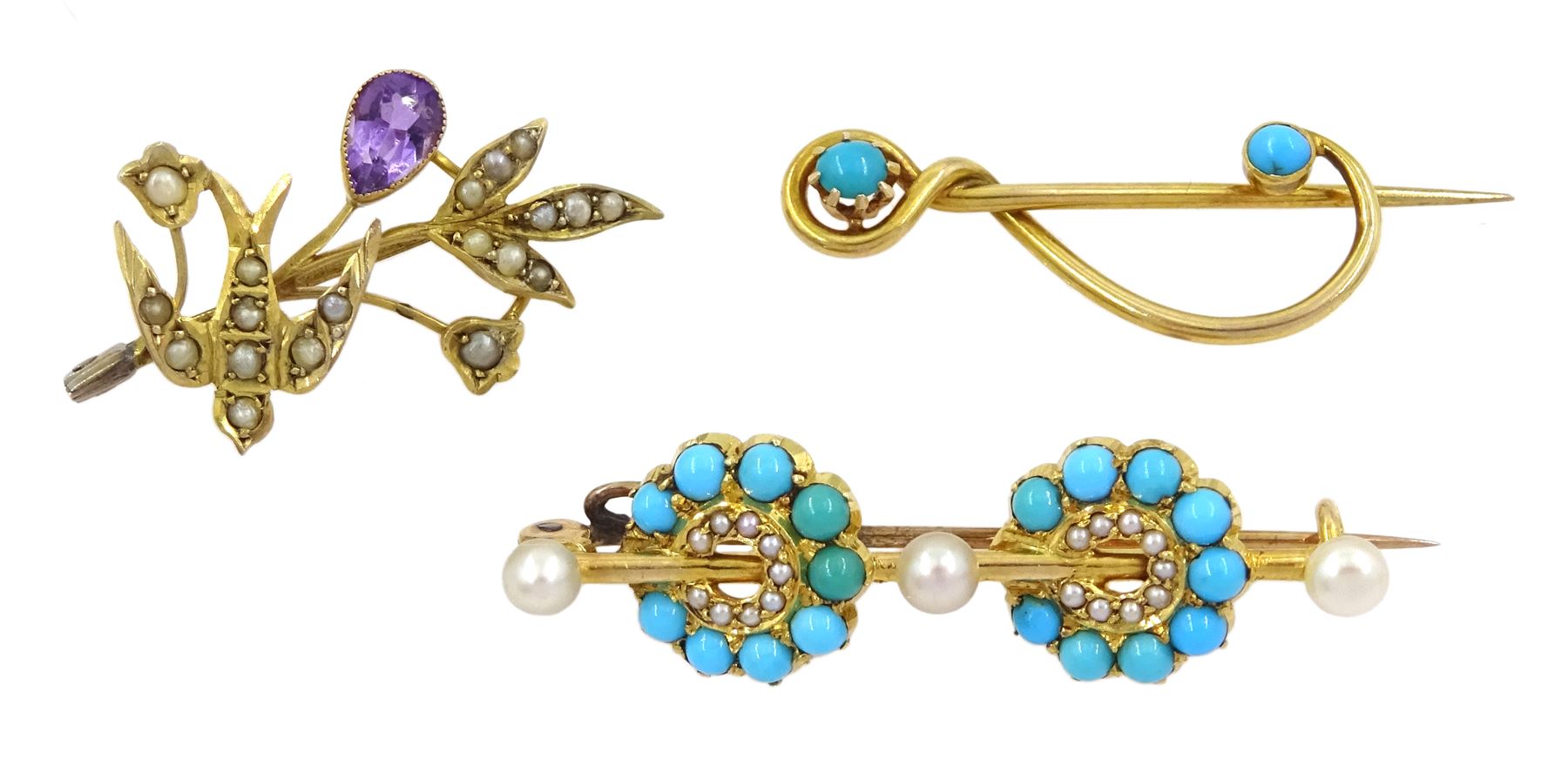 Early 20th century 9ct gold turquoise treble clef pin by Murrle Bennett & Co, 15ct gold turquoise and pearl brooch and a 9ct gold amethyst and seed pearl swallow brooch