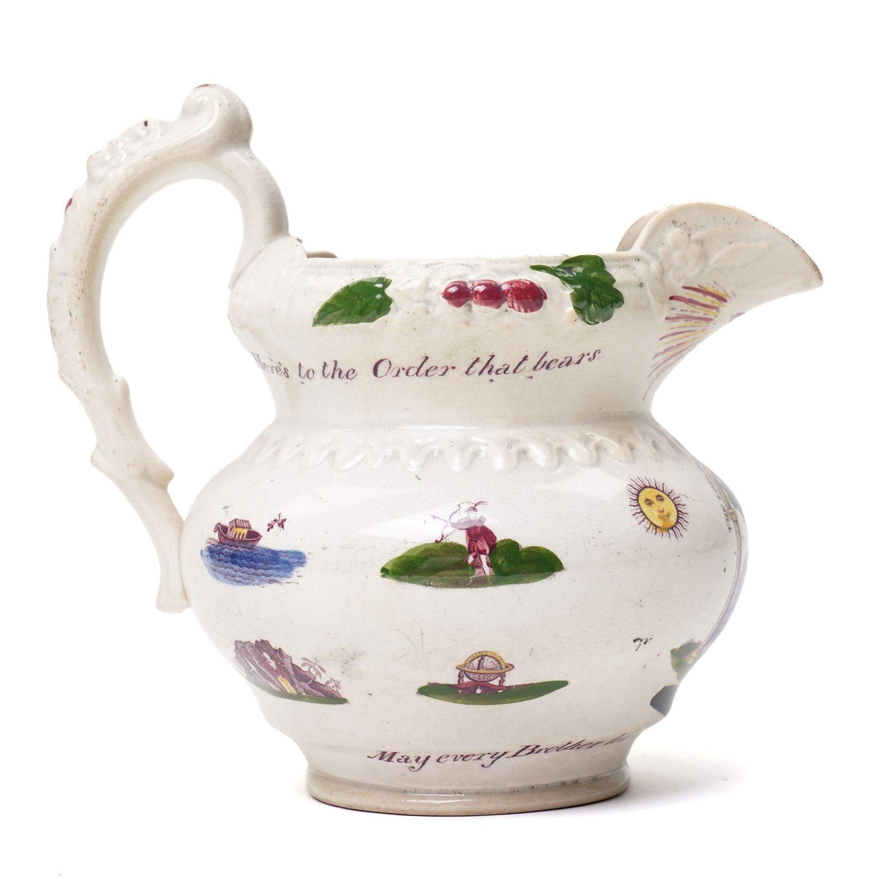 19th century Staffordshire Royal United Free Mechanics jug, with various masonic motifs, including many Biblical scenes, and slogans such as 'May every Brother have a heart to feel, and a hand to give', H16cm 