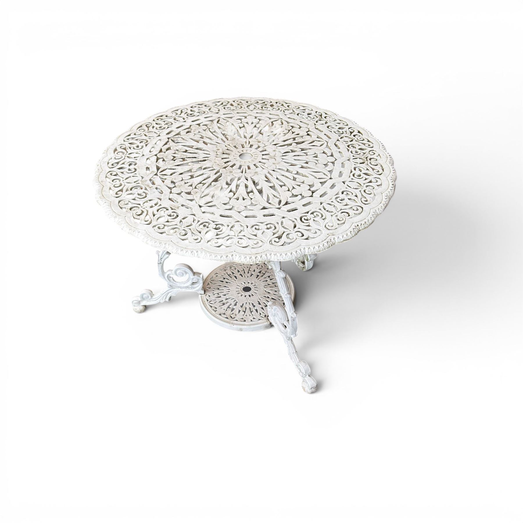 Victorian design cast aluminium circular garden table and four armchairs, ornate grape design in antique white paint