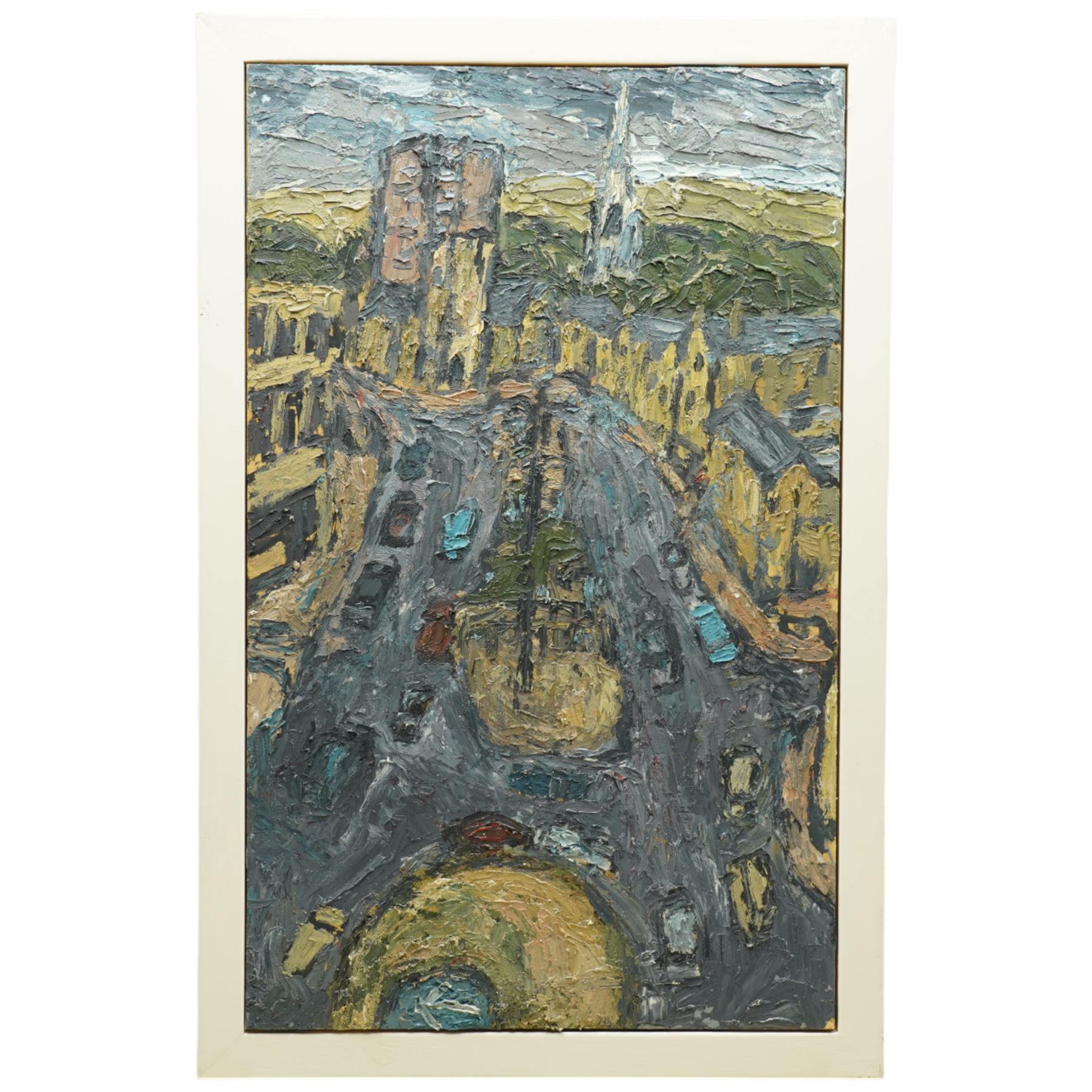 Barry De More (Yorkshire 1948-2023): 'Ebeneezer Along Bull Green', oil and impasto on board signed titled and dated 2013 verso 73cm x 48cm