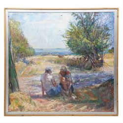 John Gilbey Bowles (British 1929-2011): The Conversation - Summer 'Landscape with Figures' , oil on canvas signed, inscribed and dated 1977 verso 92cm x 97cm
Notes: this scene depicts Bowles' wife Daphne and their friend Edna.