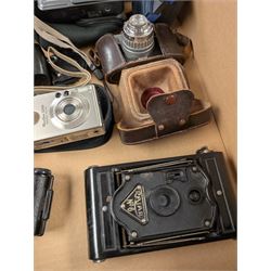 Collection of vintage cameras, including two V Twin with Bloomed Belco Lens, Ensign Ful Vue, Ranjar No. 6, CME Comet S, etc together with two Canon Powershot Digital cameras models S230 and S70