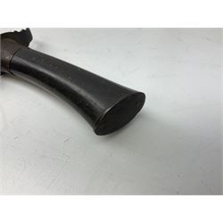 Burmese dha dagger with 15cm steel blade, white metal ferrule and horn handle, in white metal and filigree scabbard L30.5cm; a Burmese long bladed knife with horn handle and brass mounted teak scabbard; and another Eastern dagger in sheath (3)