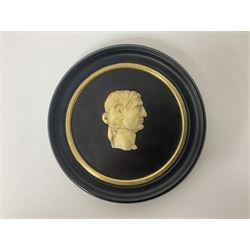 Grand Tour souvenir marble roundel depicting profile portrait of 'The Emperor Nero', mounted upon slate, within a circular ebonised frame, with hand written label verso, overall D17cm