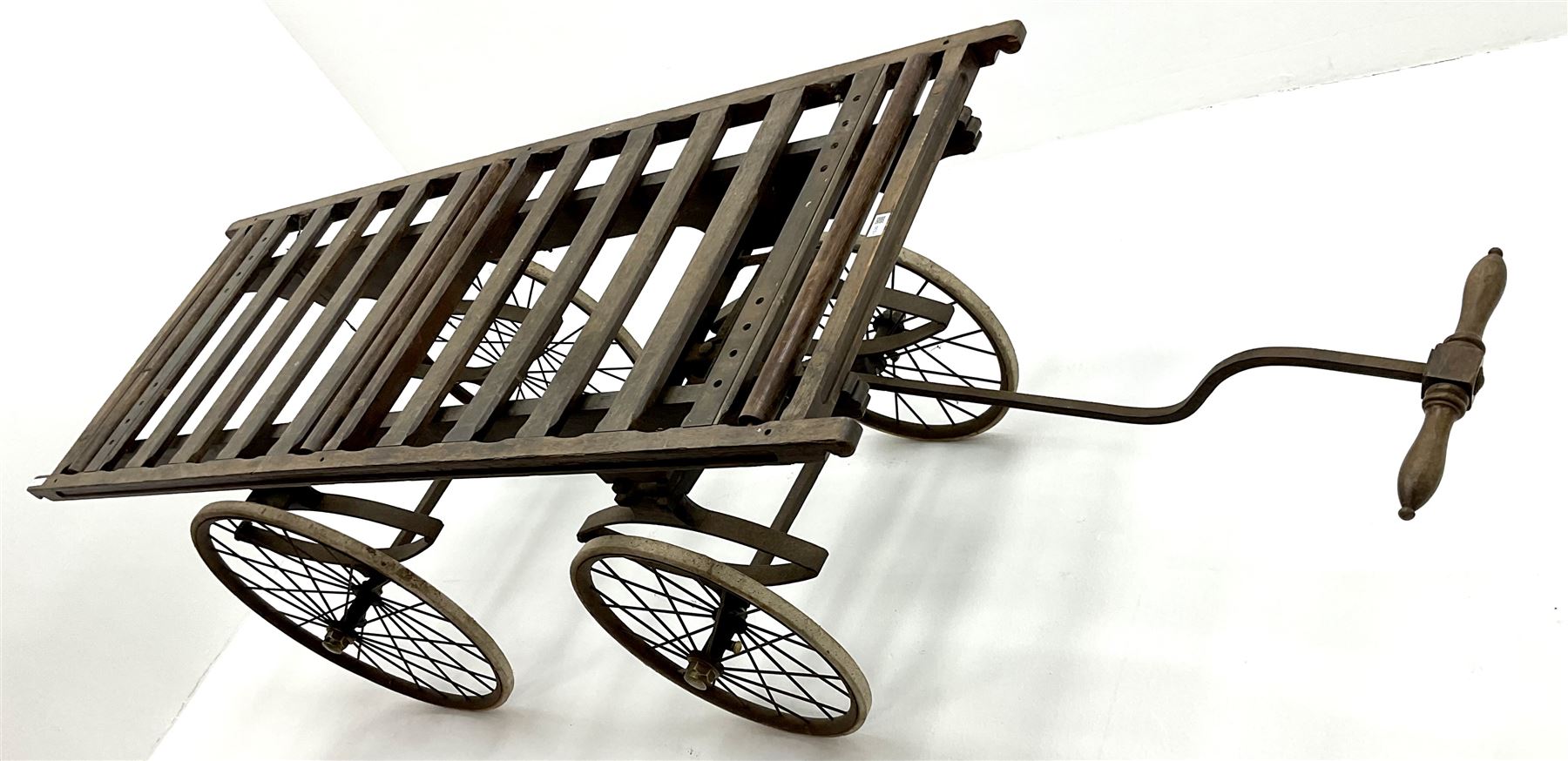 Victorian oak hand pulled cart funeral bier, rolling top, bow suspension, steering arm and spoke graduation wheels 