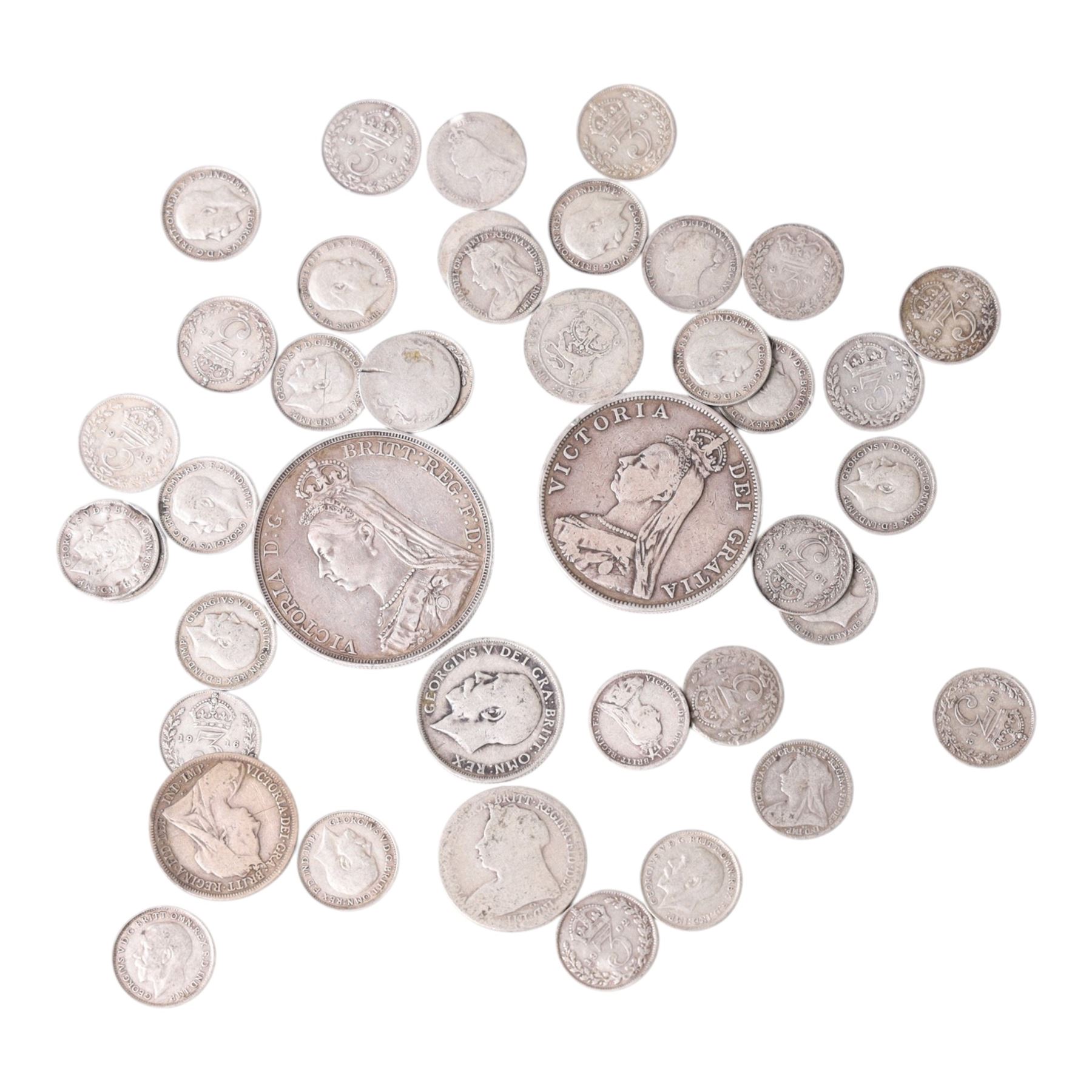 Approximately 117 grams of Great British pre-1920 silver coins, including Queen Victoria 1891 one crown and 1889 double florin