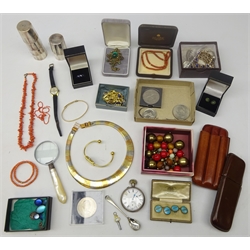  Early 20th century gilt and enamel cufflinks, boxed, coral necklaces, silver and stone set brooch, stamped Stirling, silver Lapis Lazuli ring, stamped 925, silver pocket watch, and other vintage and later costume jewellery and watches  