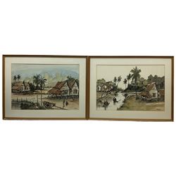 Larry Nunis of Malacca (Malaysian 20th century): Malaysian River Landscape with Houses and Figures, pair watercolours signed and dated '80, labelled verso 36cm x 53cm (2)