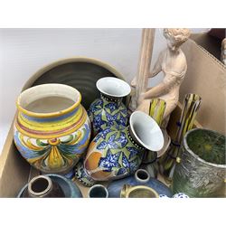 Hallmarked silver collared studio pottery vase, Spode blue room plate, pair of brass candlesticks with ceramic blue and white stems, pair of Murano style glass vases, table lamp, other ceramics etc to include oriental vase (a/f), wash jug etc