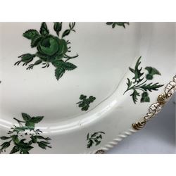 Group of 19th century plates, to include a Rockingham example with green transfer printed decoration of rose, thistle and clover springs, three Mason's examples including one decorated in the Imari palette, etc. 