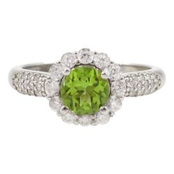 Silver peridot and cubic zirconia flower cluster ring, stamped 925