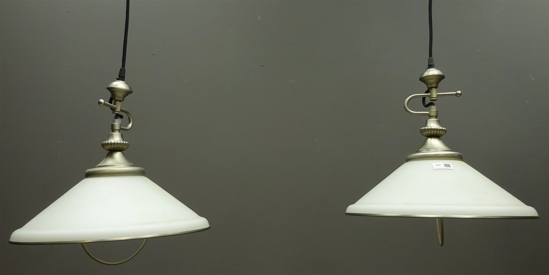 Pair Modern Rise And Fall Pendants Light Fittings With Opaque Shades D40cm 2 Antiques Interiors