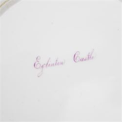 Set of five Derby plates with painted landscapes by Henry Lark Pratt, within gilt detailed swept boarders, the scenes comprising 'Brougham Castle - Northumberland' 'Eglinton Castle' 'Tivoli' and 'Blickling - Norfolk', with painted titles to base, pattern no. 3351 (5)