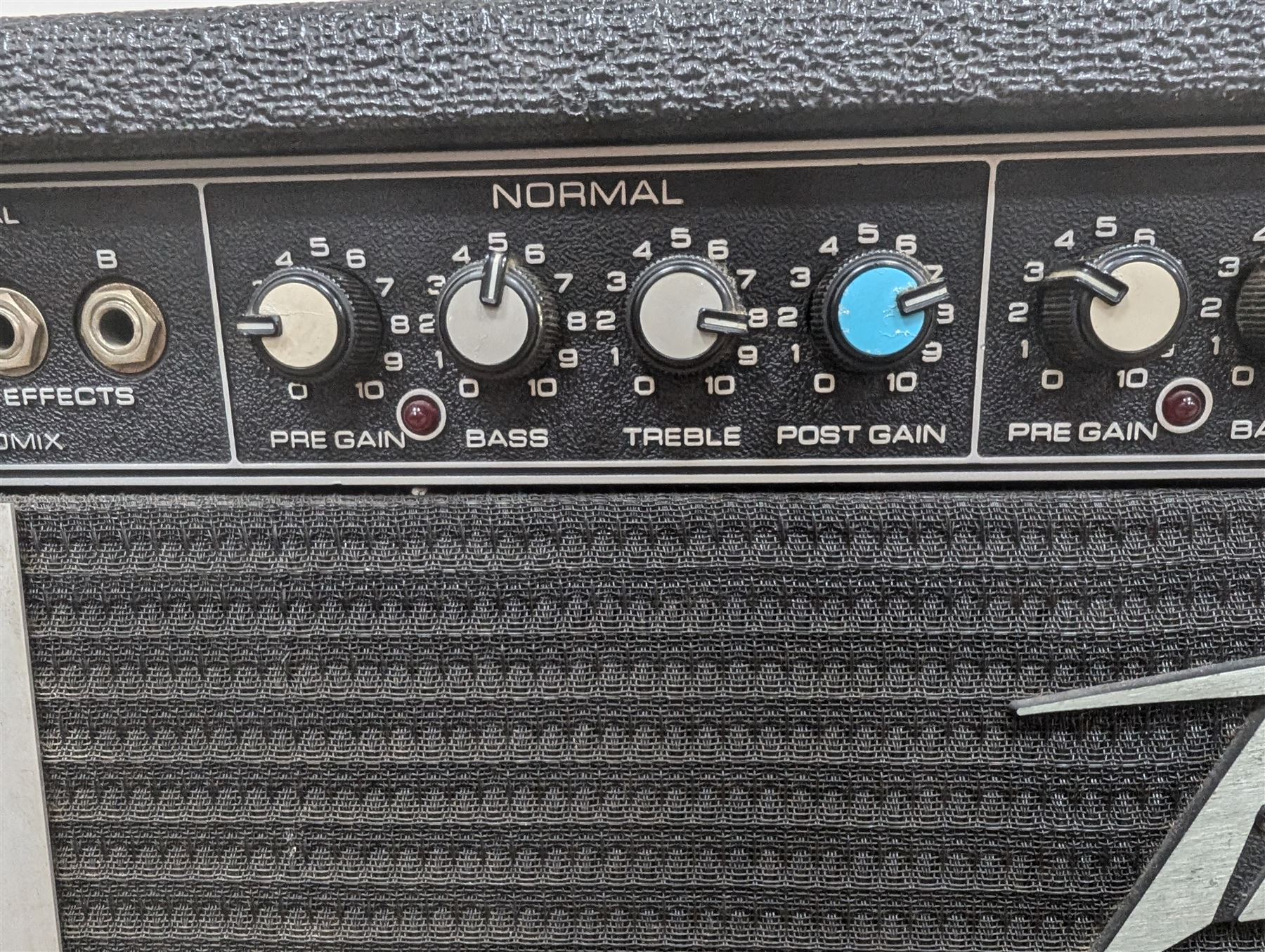 1970s Peavey 2 x 12 BW Mace guitar amplifier, serial no. 9A-468240, with a Peavey four-button Automixer foot pedal, H51cm, W67cm