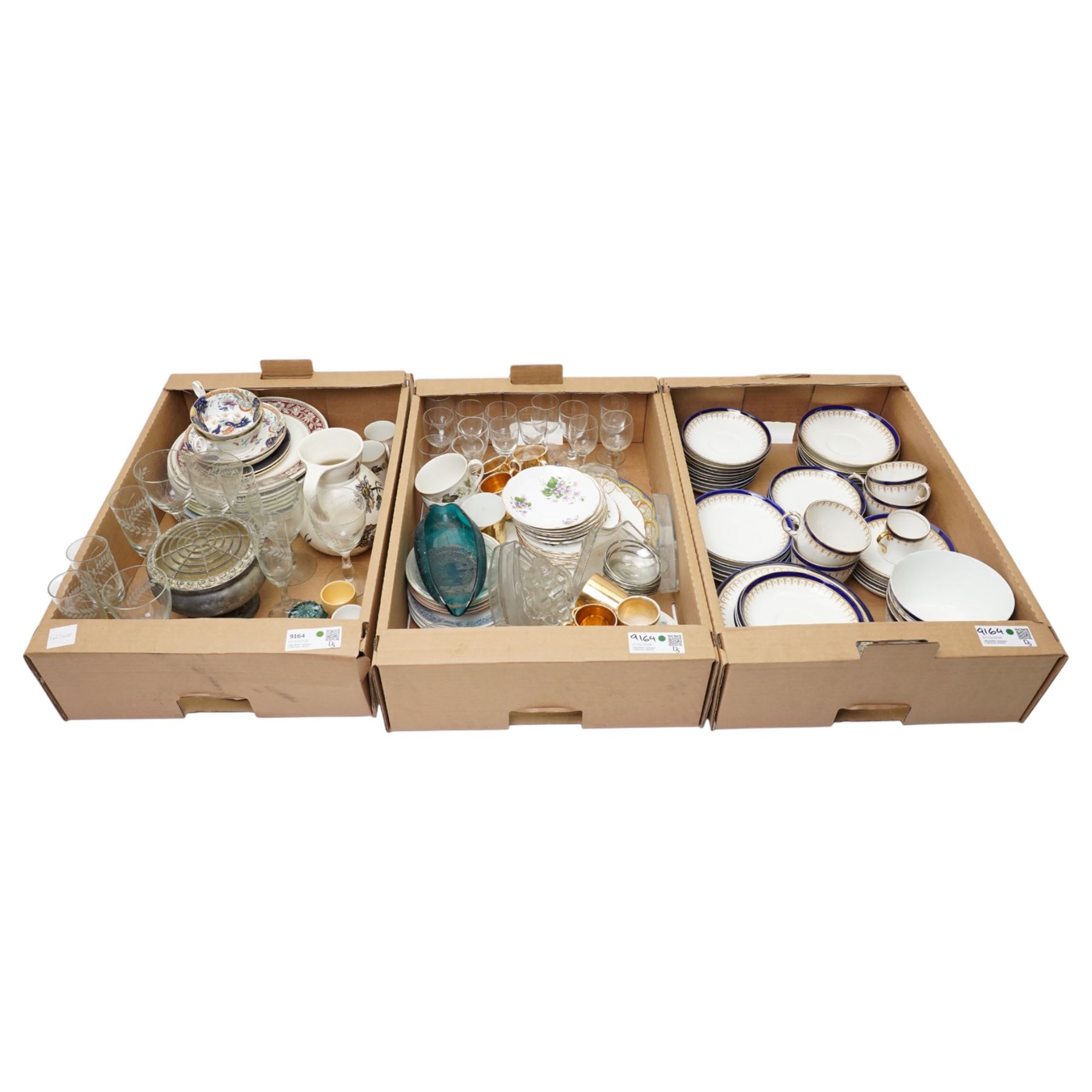 Mixed ceramics and glass, Fords China service and matched items, Victorian wash jug with botanic decoration, etched glass, etc, contents in three boxes