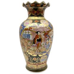 Large Japanese vase of baluster form with frilled rim, decorated with two large figural panels and smaller panels containing landscapes and flowers, heightened with gilt throughout, with mark beneath, H47cm