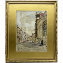 Rowland Henry Hill (Staithes Group 1873-1952): 'A Street Scene - Bruges', watercolour heightened in white signed and dated 1911, original title label verso 47cm x 35cm