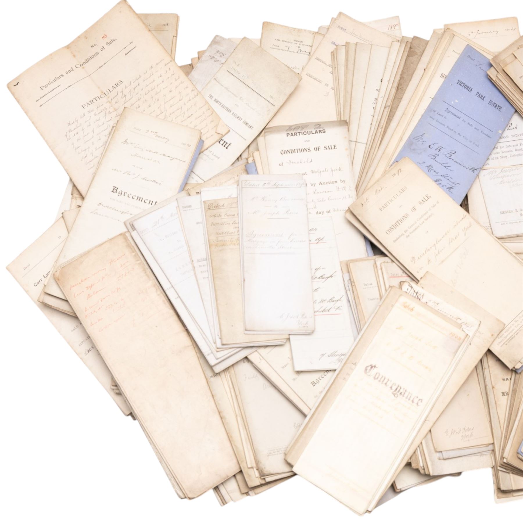 York and Yorkshire legal ephemera - large box of late 19th/early 20th century conveyancing documents, agreements, mortgages, conditions of sale and solicitor’s papers relating to York and surrounding area properties, including Acomb New Estate, Bishopthorpe, Huntington Road, Victoria Avenue, Swinerton Avenue and other addresses, many with York solicitor/printer details