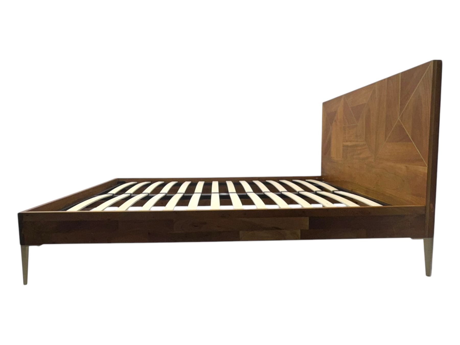 Barker & Stonehouse - contemporary chestnut king size bed frame, with geometric inlaid headboard and brass detailing, slatted base and tapered brass effect legs, together with Dreams ‘Reynolds 1000’ pocket sprung mattress